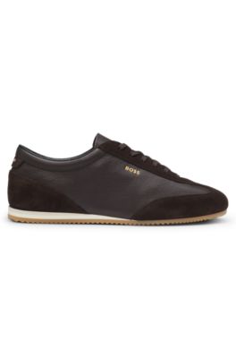 Leather sneakers with suede trims, Dark Brown