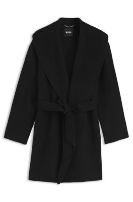 Shawl-lapel wrap coat in a melange wool blend, Black