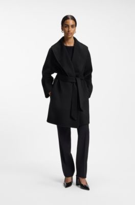 Shawl-lapel wrap coat in a melange wool blend, Black