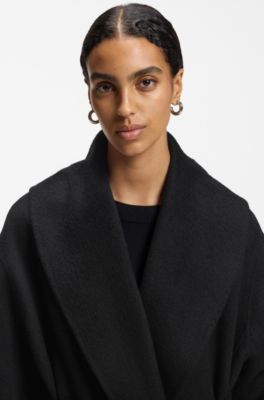 Shawl-lapel wrap coat in a melange wool blend, Black