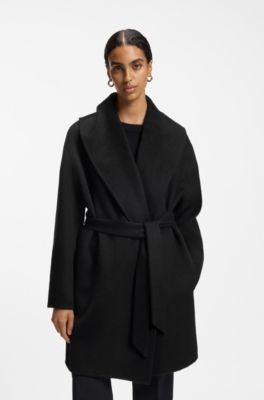 Shawl-lapel wrap coat in a melange wool blend, Black