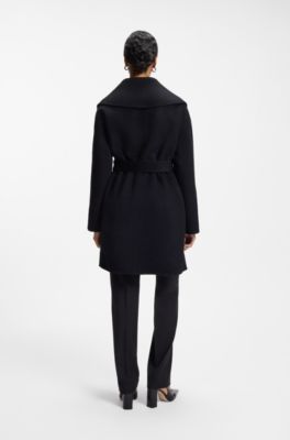 Shawl-lapel wrap coat in a melange wool blend, Black