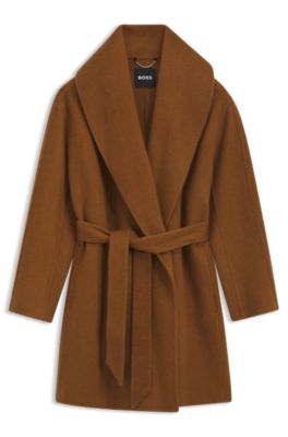 Shawl-lapel wrap coat in a melange wool blend, Brown