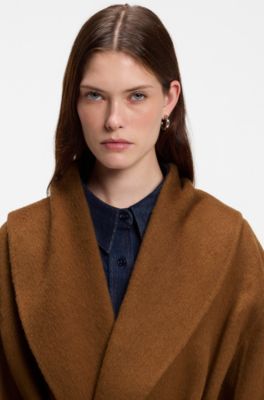 Shawl-lapel wrap coat in a melange wool blend, Brown