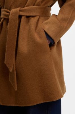 Shawl-lapel wrap coat in a melange wool blend, Brown