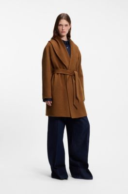 Shawl-lapel wrap coat in a melange wool blend, Brown