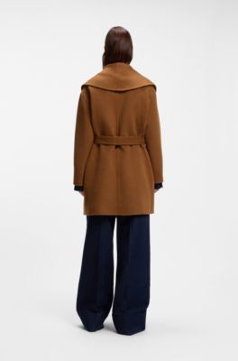 Shawl-lapel wrap coat in a melange wool blend, Brown