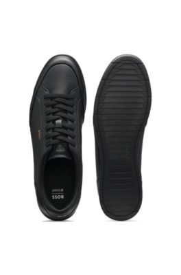 Baskets en cuir avec logo imprim&eacute; en transfert, Noir