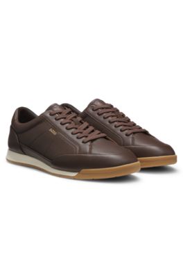 Leather sneakers with foil logo, Dark Brown