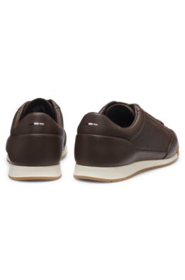 Leather sneakers with foil logo, Dark Brown