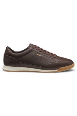 Leather sneakers with foil logo, Dark Brown