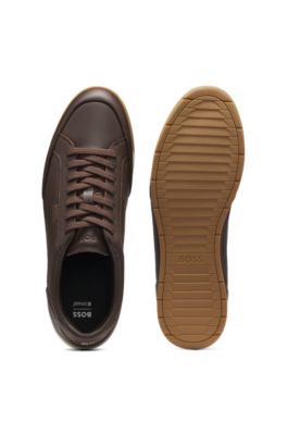 Leather sneakers with foil logo, Dark Brown