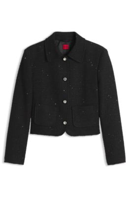 Boxy cropped jacket in sequined boucl&eacute;, Black