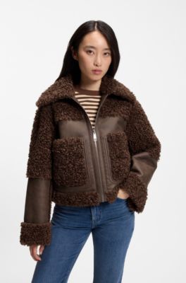 Reversible jacket in faux shearling and faux leather, Brown
