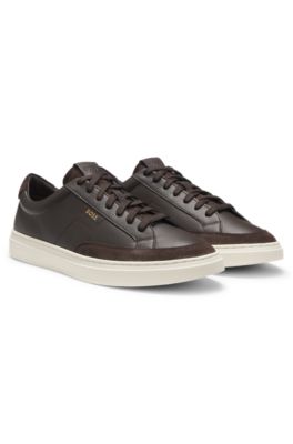 Baskets en cuir avec finitions en cuir su&eacute;d&eacute;, Marron fonc&eacute;