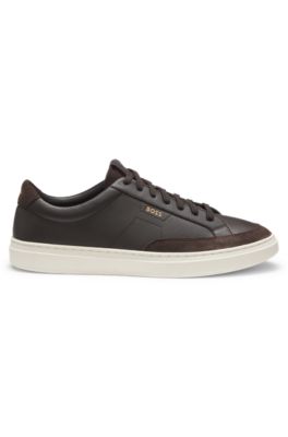 Leather sneakers with suede trims, Dark Brown