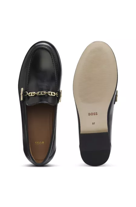 Leather loafers with chain trim and logo detail