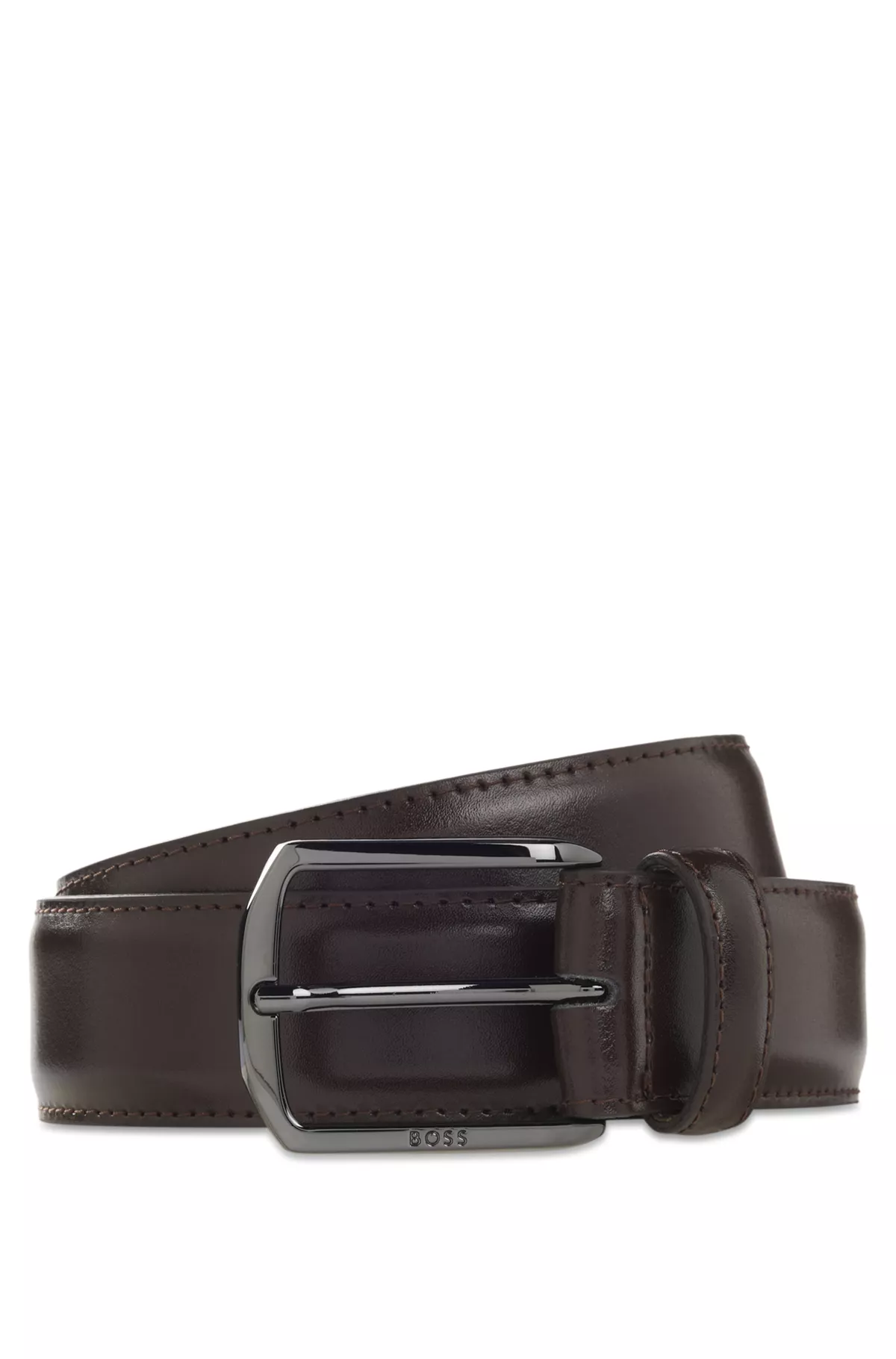 Leather belt with silver-tone hardware and Double B, Dark Brown