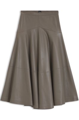 Falda midi de piel con silueta acampanada, Marr&oacute;n