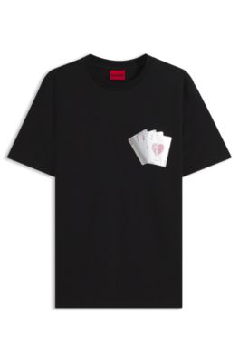 Camiseta de algod&oacute;n con estampado metalizado de naipes, Negro