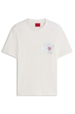 Camiseta de algod&oacute;n con estampado metalizado de naipes, Blanco