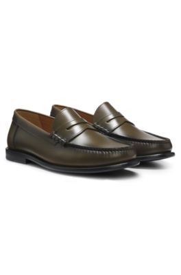 Leather moccasins with penny trim, Dark Green