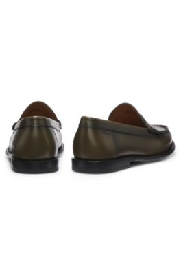 Leather moccasins with penny trim, Dark Green