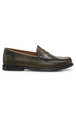 Leather moccasins with penny trim, Dark Green