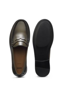 Leather moccasins with penny trim, Dark Green