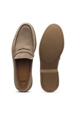 Suede loafers with logo penny trim, Beige
