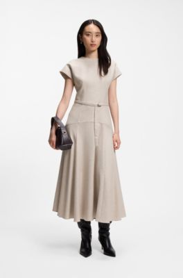 Belted maxi dress in melange flannel, White
