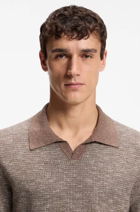 Johnny-collar polo sweater in wool, silk, and cotton