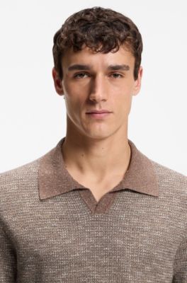 Pull polo &agrave; col Johnny en mohair, soie et coton, Marron