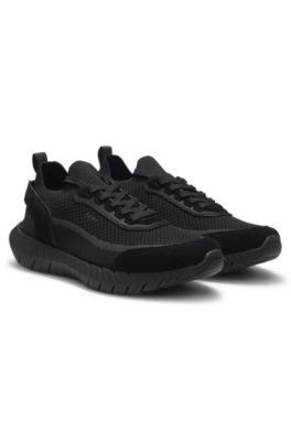 Lace-up suede sneakers with a knit sock, Black