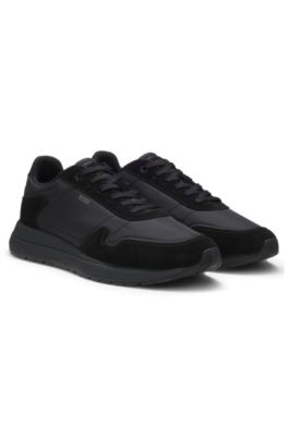 Lace-up sneakers in lightweight fabric with suede trims, Black