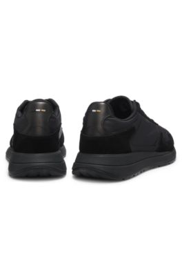 Lace-up sneakers in lightweight fabric with suede trims, Black