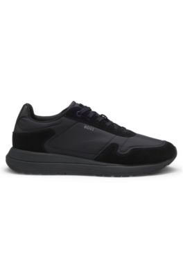 Lace-up sneakers in lightweight fabric with suede trims, Black