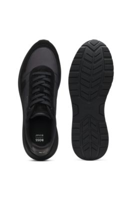 Lace-up sneakers in lightweight fabric with suede trims, Black