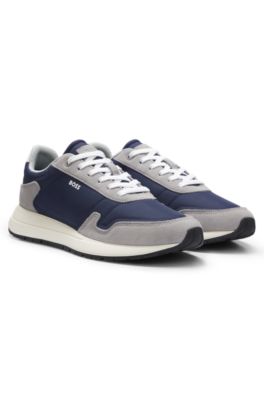 Lace-up sneakers in lightweight fabric with suede trims, Light Grey