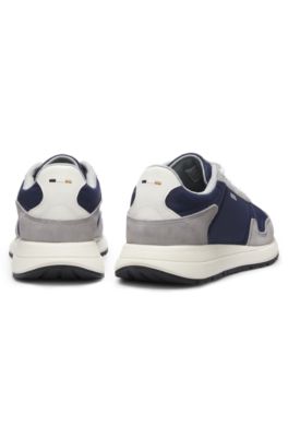 Lace-up sneakers in lightweight fabric with suede trims, Light Grey