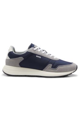 Lace-up sneakers in lightweight fabric with suede trims, Light Grey