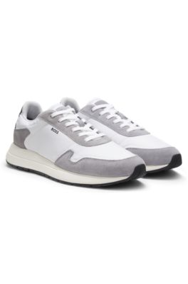 Lace-up sneakers in lightweight fabric with suede trims, White