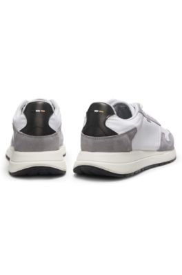 Lace-up sneakers in lightweight fabric with suede trims, White