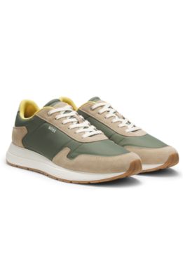Lace-up sneakers in lightweight fabric with suede trims, Light Green