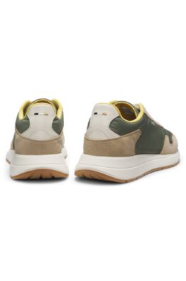 Lace-up sneakers in lightweight fabric with suede trims, Light Green