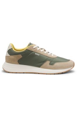 Lace-up sneakers in lightweight fabric with suede trims, Light Green