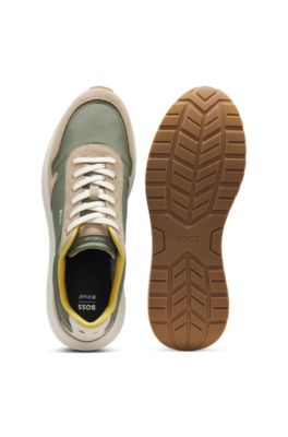 Lace-up sneakers in lightweight fabric with suede trims, Light Green