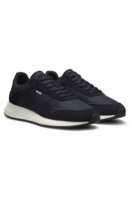 Lace-up sneakers in lightweight fabric with suede trims, Dark Blue