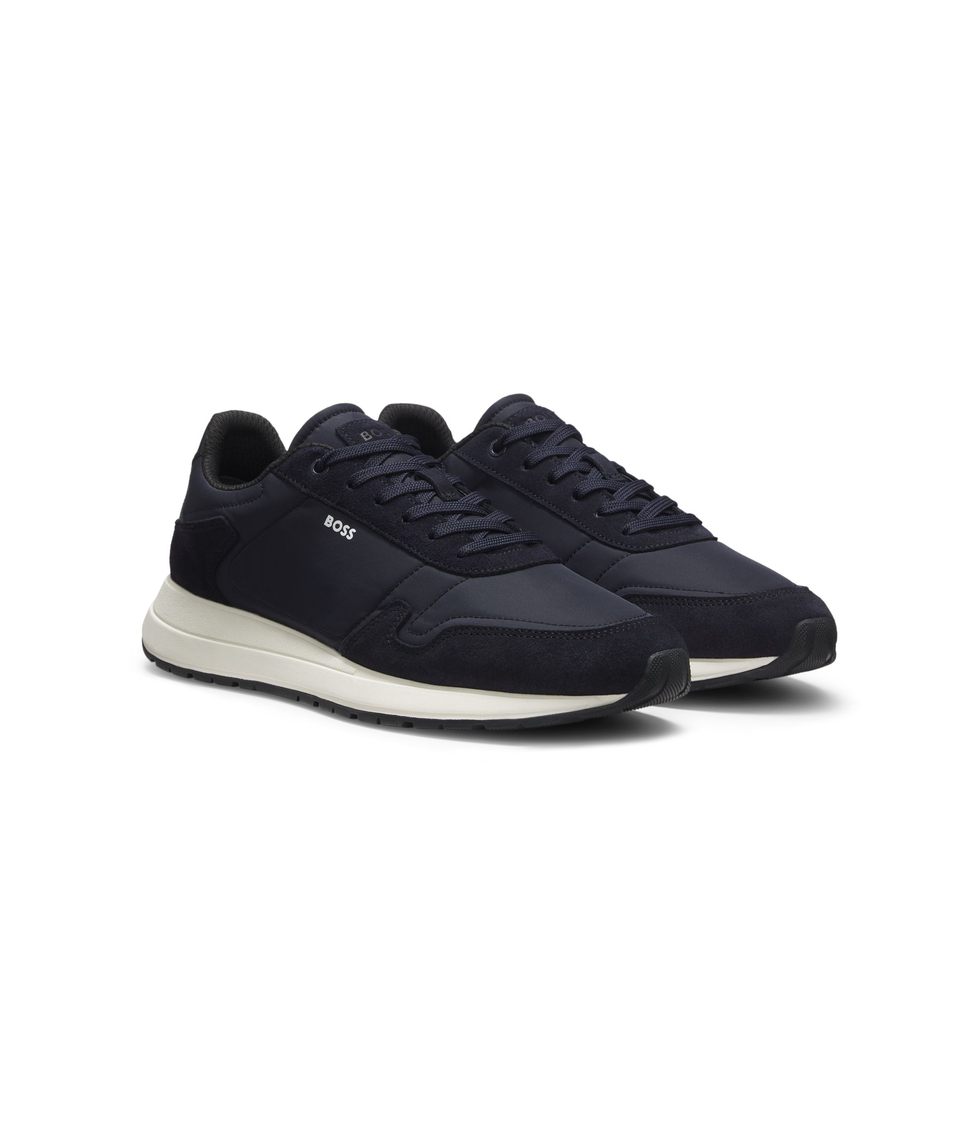BOSS ネイビー カジュアルシューズ BOSS - Lace-up sneakers in lightweight fabric with suede trims