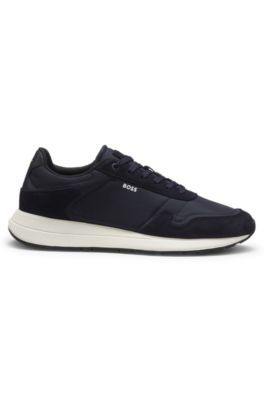 Lace-up sneakers in lightweight fabric with suede trims, Dark Blue